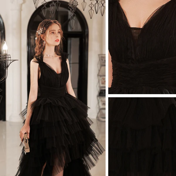 Sexy Black Cascading Ruffles Asymmetrical Cocktail Dresses Prom Dresses 2022 A-Line / Princess Spaghetti Straps Sleeveless Backless Formal Dresses