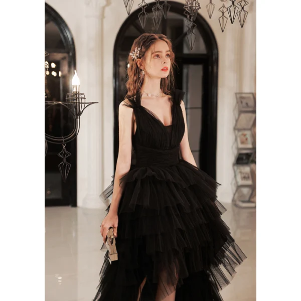Sexy Black Cascading Ruffles Asymmetrical Cocktail Dresses Prom Dresses 2022 A-Line / Princess Spaghetti Straps Sleeveless Backless Formal Dresses