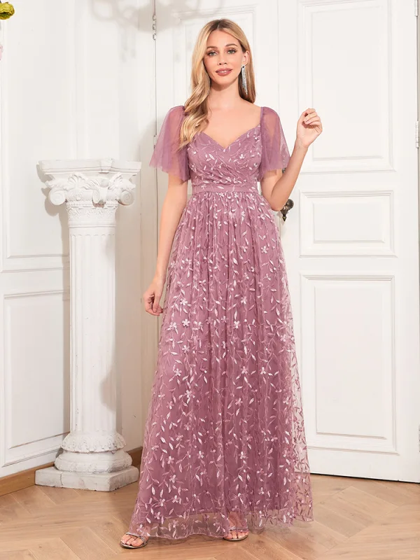 Chic / Beautiful Candy Pink Lace Flower Evening Dresses 2024 A-Line / Princess V-Neck Short Sleeve Backless Floor-Length / Long Evening Party Formal Dresses