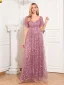 Chic / Beautiful Candy Pink Lace Flower Evening Dresses 2024 A-Line / Princess V-Neck Short Sleeve Backless Floor-Length / Long Evening Party Formal Dresses