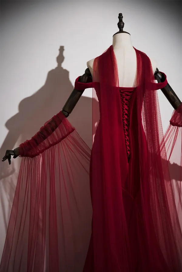 Charmant Bordeaux Avec Châle Robe De Soirée 2025 Trompette / Sirène De l'épaule Sans Manches Dos Nu Train De Balayage Robe De Ceremonie