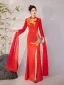 Chinese style Red Embroidered Split Front Evening Party Cheongsam 2025 Trumpet / Mermaid High Neck Long Sleeve Floor-Length / Long Cheongsam / Qipao