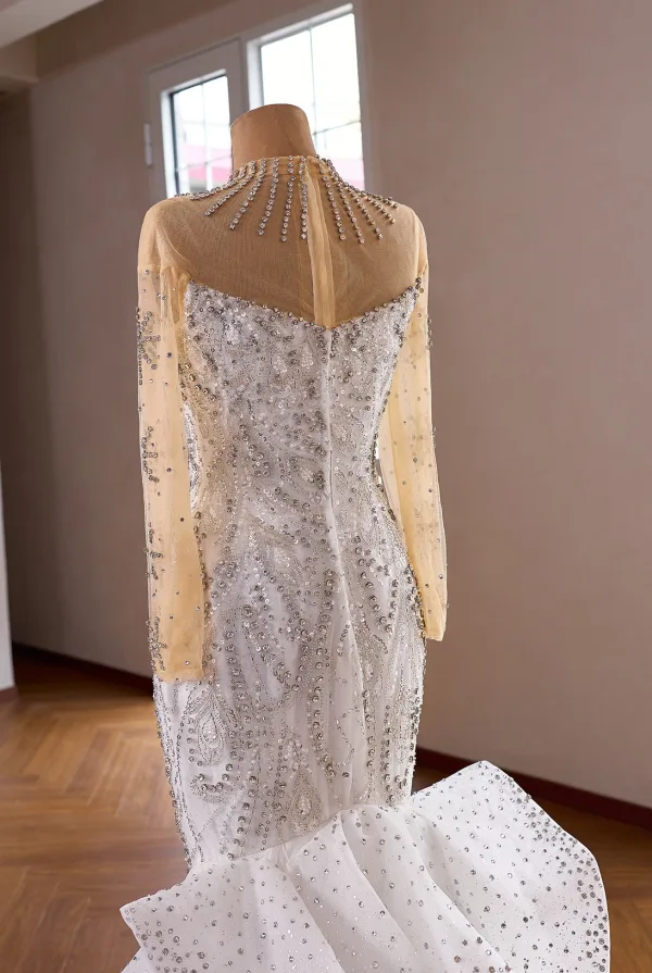 Luxury / Gorgeous White Handmade  Beading Pearl Rhinestone Sequins Wedding Dresses 2026 Trumpet / Mermaid Scoop Neck Long Sleeve Backless Chapel Train