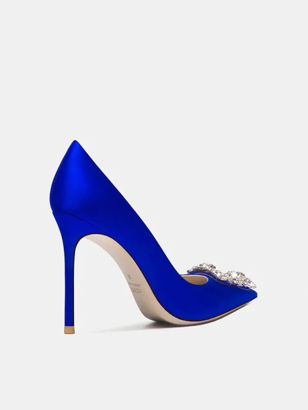 Elegant Royal Blue Satin Rhinestone Prom Pumps 2024 10 cm Stiletto Heels Pointed Toe Pumps High Heels