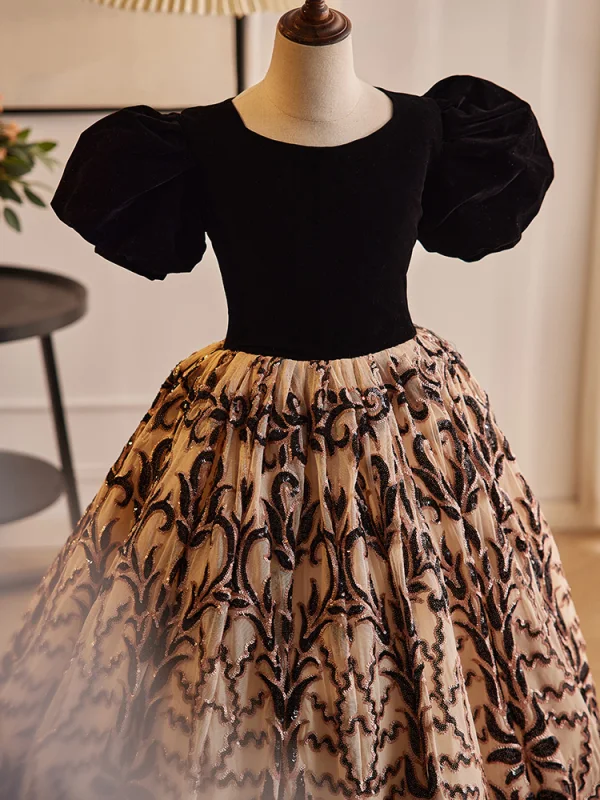 Vintage / Retro Black Printing Birthday Flower Girl Dresses 2024 Ball Gown Scoop Neck Puffy Short Sleeve Backless