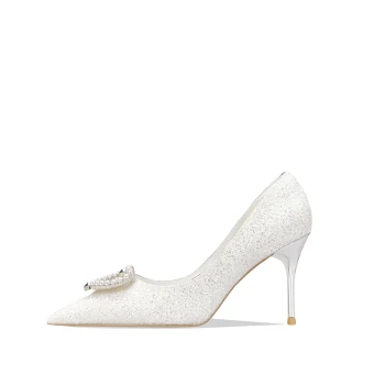 Mooie Prachtige Ivoor Parel Hartvormig Pailletten Bruidsschoenen 2022 Leer 8 Cm Naaldhakken Stiletto Spitse Neus Huwelijk Pumps Hoge Hakken