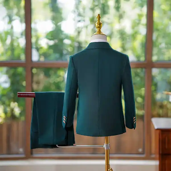 Dark Green Fall Winter Long Sleeve 5-piece Boys Wedding Suits 2024 Coat Pants Shirt Tie Vest