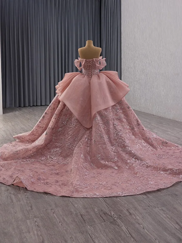 Luxus / Herrlich Rosa Handgefertigt Perlenstickerei Pailletten Perle Ballkleider 2025 Ballkleid Bandeau Ärmellos Rückenfreies Königliche Schleppe Festliche Kleider