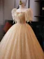 Bling Bling Gold Pailletten Ballkleider 2025 Ballkleid Eckiger Ausschnitt Geschwollenes Kurze Ärmel Rückenfreies Festliche Kleider