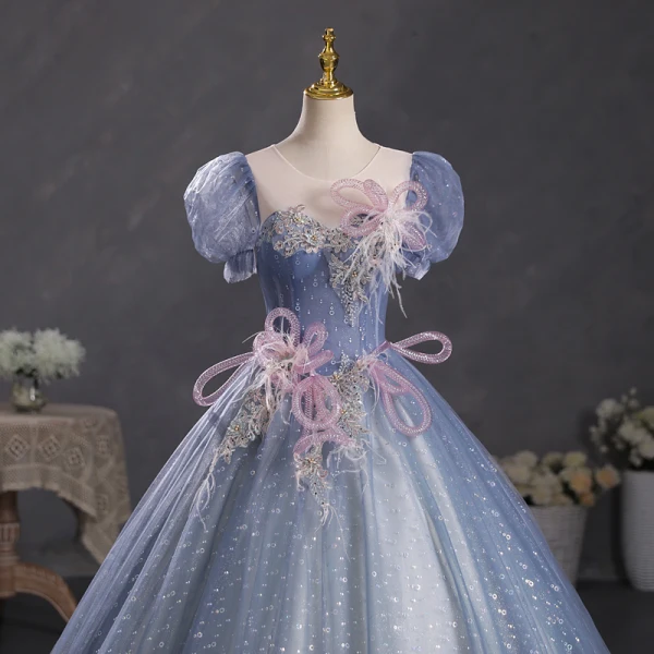 Chic / Beautiful Ocean Blue Sequins Pearl Lace Flower Prom Dresses 2023 Ball Gown Scoop Neck Puffy Short Sleeve Tassel Backless Floor-Length / Long Prom Formal Dresses