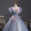 Chic / Beautiful Ocean Blue Sequins Pearl Lace Flower Prom Dresses 2023 Ball Gown Scoop Neck Puffy Short Sleeve Tassel Backless Floor-Length / Long Prom Formal Dresses