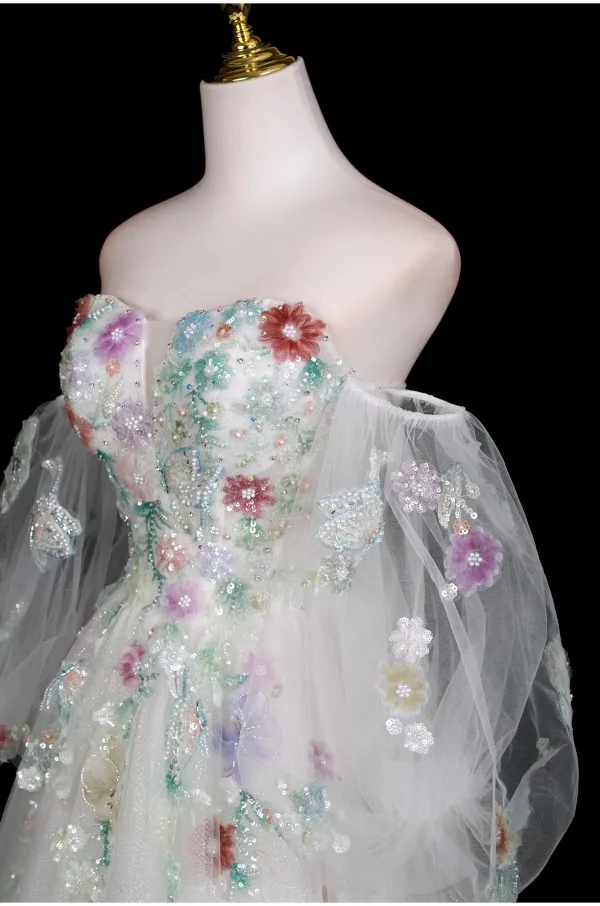 Schöne Weiß Perlenstickerei Applikationen Pailletten Ballkleider 2025 Ballkleid Off Shoulder Kurze Ärmel Rückenfreies Lange Festliche Kleider