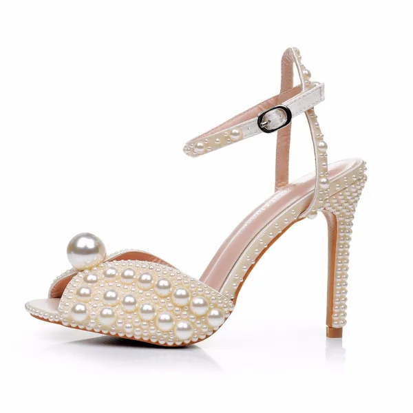 Sexy Champagne Pearl Wedding Shoes 2024 Ankle Strap 10 cm Stiletto Heels Open / Peep Toe Wedding Sandals High Heels