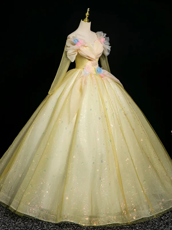 Chic / Beautiful Yellow Appliques Sequins Prom Dresses 2025 Ball Gown Off-The-Shoulder Long Sleeve Backless Floor-Length / Long Formal Dresses
