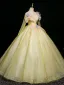 Chic / Beautiful Yellow Appliques Sequins Prom Dresses 2025 Ball Gown Off-The-Shoulder Long Sleeve Backless Floor-Length / Long Formal Dresses