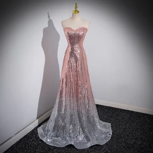 Scintillantes Dégradé De Couleur Rougissant Rose Paillettes Robe De Soirée 2023 Princesse Bustier Sans Manches Dos Nu Train De Balayage Soirée Robe De Ceremonie