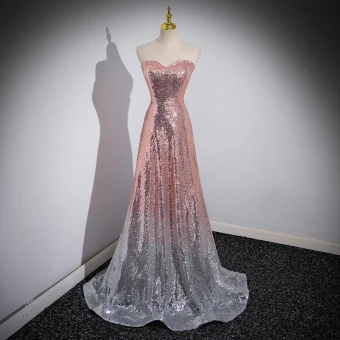Sparkly Gradient Color Blushing Pink Sequins Evening Dresses 2023 A Line Princess Strapless Sleeveless Backless Sweep Train Evening Party Formal Dresses