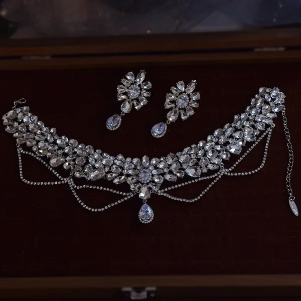 Sparkly Silver Rhinestone Zircon Alloy Wedding Earrings Necklace Accessories 2025