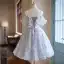 Charming Grey Lace Flower Sequins Homecoming Graduation Dresses 2024 Ball Gown Off-The-Shoulder Short Sleeve Backless Knee-Length Formal Dresses