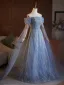 Bling Bling Sky Blue Beading Sequins Prom Dresses 2025 A-Line / Princess Off-The-Shoulder Short Sleeve Backless Floor-Length / Long Prom Formal Dresses