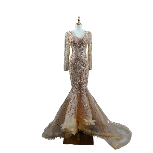 Scintillantes Doré Fait main Perlage Paillettes Robe De Soirée 2023 Trompette / Sirène V-Cou Manches Longues Train De Balayage Soirée Robe De Ceremonie