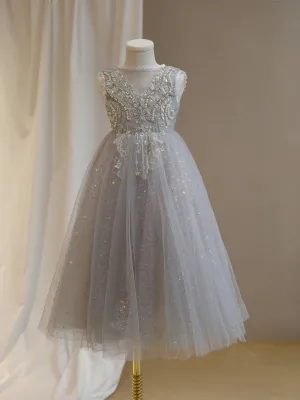 Bling Bling Grey Beading Pearl Sequins Birthday Flower Girl Dresses 2024 A Line Princess Scoop Neck Sleeveless Backless Bow Floor Length Long Tulle