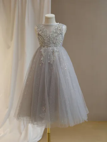 Bling Bling Gris Perlage Perle Paillettes Anniversaire Robe Ceremonie Fille 2024 Princesse Encolure Dégagée Sans Manches Dos Nu Noeud Longue Tulle