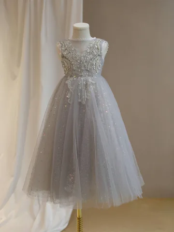 Bling Bling Grey Beading Pearl Sequins Birthday Flower Girl Dresses 2024 A Line Princess Scoop Neck Sleeveless Backless Bow Floor Length Long Tulle