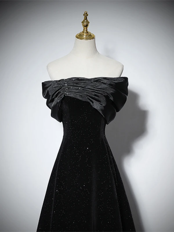 Elegante Schwarz Glanz Ballkleider 2024 A Linie Off Shoulder Ärmellos Rückenfreies Lange Ball Festliche Kleider