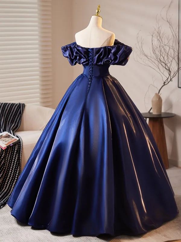 Vintage / Retro Navy Blue Satin Prom Dresses 2025 Ball Gown Off-The-Shoulder Short Sleeve Backless Floor-Length / Long Prom Formal Dresses