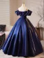 Vintage / Retro Navy Blue Satin Prom Dresses 2025 Ball Gown Off-The-Shoulder Short Sleeve Backless Floor-Length / Long Prom Formal Dresses