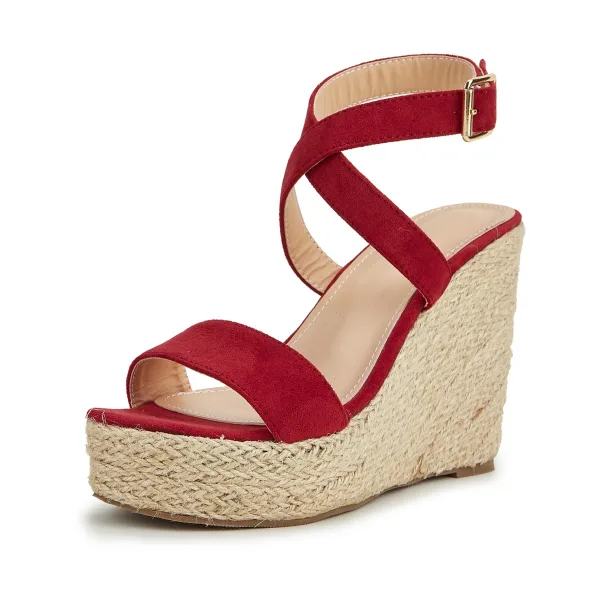 Schöne Schwarz Strassenmode Flechten Sandalen Damen 2022 Knöchelriemen 11 cm Keilabsatz Peeptoes Sandaletten
