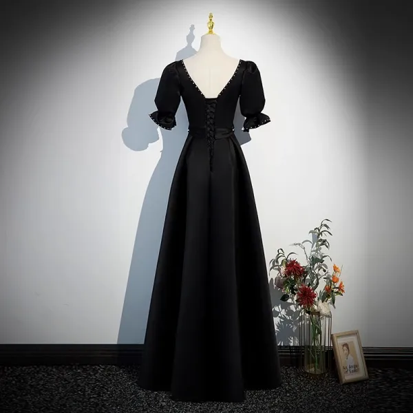 Chic / Beautiful Black Pearl Satin Evening Dresses 2023 A-Line / Princess Square Neckline Short Sleeve Backless Floor-Length / Long Evening Party Formal Dresses
