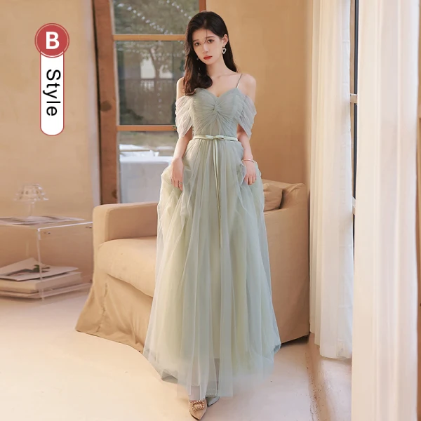 Simple Vert Cendré Robe Demoiselle D'honneur 2022 Princesse Manches Courtes Dos Nu Noeud Ceinture Longue Demoiselle D'honneur Robe De Ceremonie