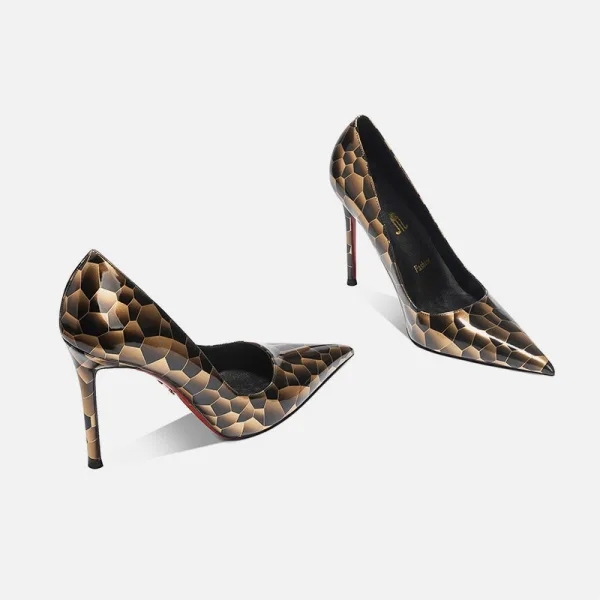 Overdreven Zwarte Goud Luipaard Print Avond Pumps 2025 Leer 10 cm Naaldhakken / Stiletto Spitse Neus Pumps Hoge Hakken