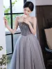 Charming Grey Spotted Sequins Prom Dresses 2022 A-Line / Princess Strapless Sleeveless Backless Floor-Length / Long Prom Formal Dresses