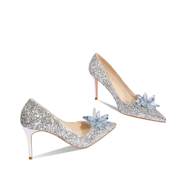 Sparkly Silver Crystal Sequins Wedding Shoes 2022 Leather 8 cm Stiletto Heels Pointed Toe Wedding Pumps High Heels
