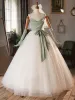 Modest / Simple Bow White Prom Dresses 2023 Ball Gown Spaghetti Straps Sleeveless Backless Floor-Length / Long Prom Formal Dresses