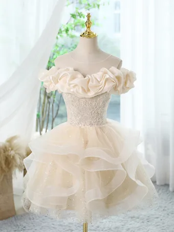 Chic Beautiful Champagne Beading Sequins Cascading Ruffles Birthday Party Dresses 2024 Ball Gown Off The Shoulder Short Sleeve Backless Short Formal Dresses