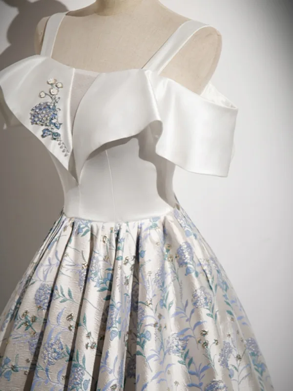 Elegant Ivory Printing Prom Dresses 2023 A-Line / Princess Spaghetti Straps Short Sleeve Backless Floor-Length / Long Prom Formal Dresses