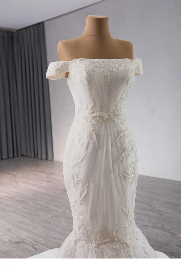 High End Weiß Perlenstickerei Pailletten Brautkleider / Hochzeitskleider 2024 Meerjungfrau Off Shoulder Ärmellos Rückenfreies Sweep / Pinsel Zug Hochzeit