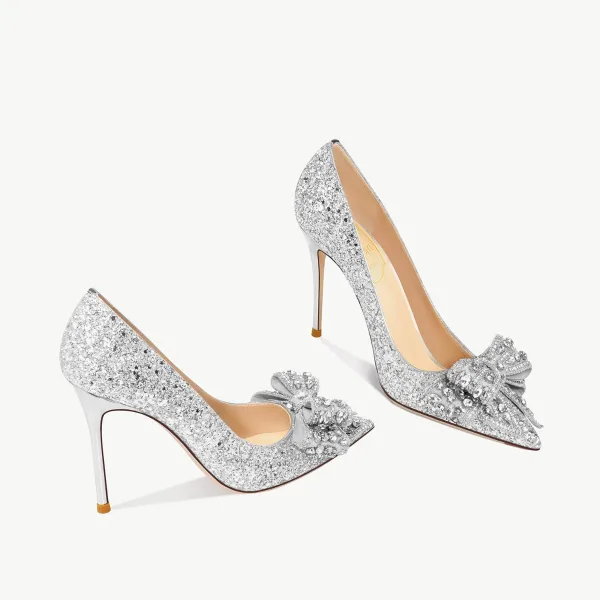 Charmig Silver Rhinestone Paljetter Rosett Brudskor 2023 Läder 10 cm Stilettklackar Spetsiga Bröllop Pumps Högklackade
