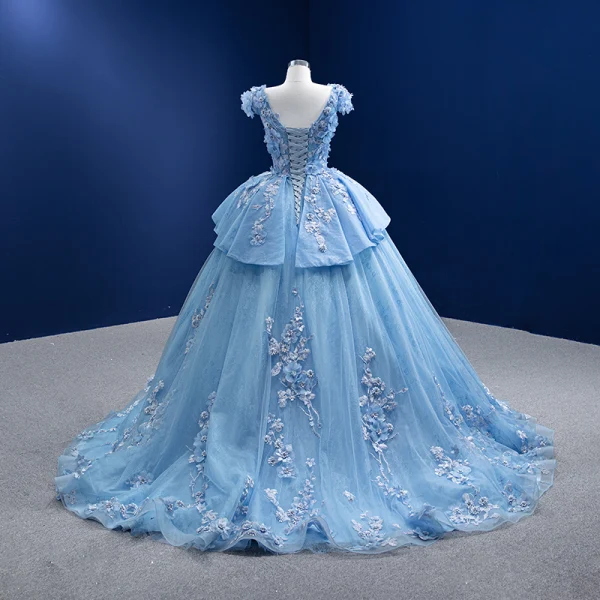 Luxury / Gorgeous Pool Blue Rhinestone Lace Flower Appliques Prom Dresses 2022 Ball Gown V-Neck Short Sleeve Backless Floor-Length / Long Formal Dresses