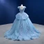 Luxury / Gorgeous Pool Blue Rhinestone Lace Flower Appliques Prom Dresses 2022 Ball Gown V-Neck Short Sleeve Backless Floor-Length / Long Formal Dresses