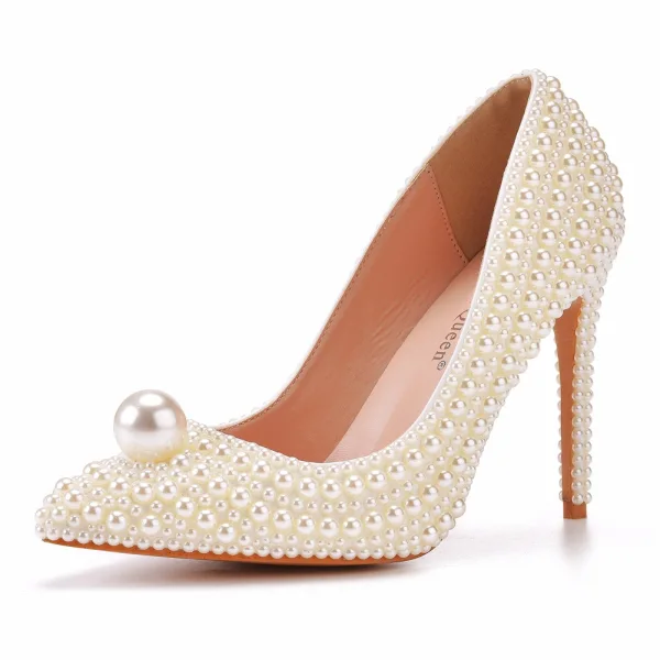 Modest Ivory Pearl Wedding Shoes 2021 11 cm Stiletto Heels Pointed Toe Wedding Pumps High Heels