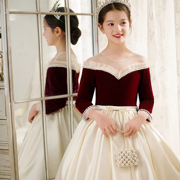 Elegant Burgundy Satin Birthday Flower Girl Dresses 2022 Ball Gown Pearl Scoop Neck Sash Bow Long Sleeve Floor-Length / Long Flower Girl Dresses