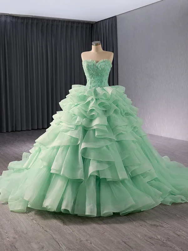 High-end Sage Green Beading Pearl Sequins Cascading Ruffles Prom Dresses 2024 Ball Gown Strapless Sleeveless Backless Chapel Train Prom Formal Dresses