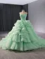 High-end Sage Green Beading Pearl Sequins Cascading Ruffles Prom Dresses 2024 Ball Gown Strapless Sleeveless Backless Chapel Train Prom Formal Dresses