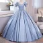 Chic / Beautiful Sky Blue Prom Dresses 2023 Ball Gown Pearl Square Neckline Puffy Short Sleeve Backless Bow Sash Floor-Length / Long Prom Formal Dresses