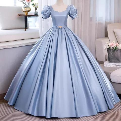 Schöne Himmelblau Ballkleider 2023 Ballkleid Perle Eckiger Ausschnitt Geschwollenes Kurze Ärmel Rückenfreies Schleife Stoffgürtel Lange Ball Festliche Kleider